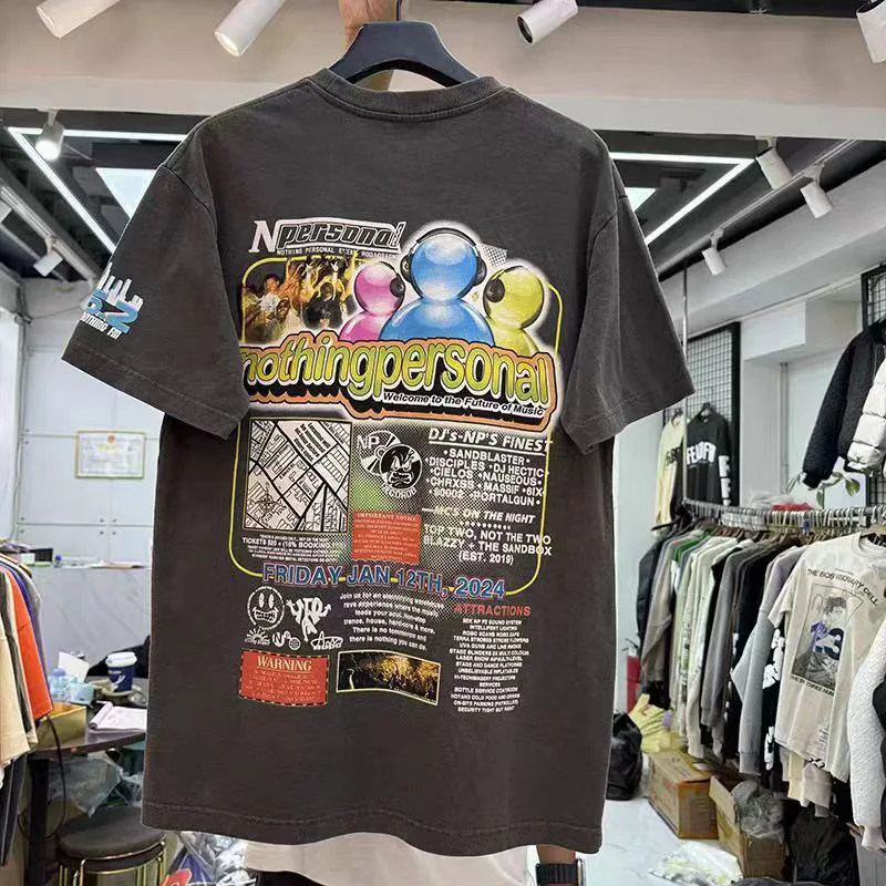 High Street Mechanical Avatar Printing T-shirts Men Woman Rock Hip Hop Chaopai Wash Make Old Loose Versatile Tops Tee