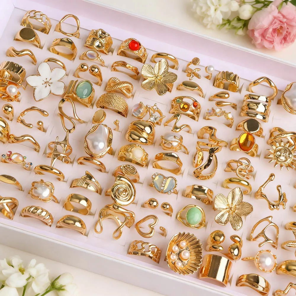 10/20/30/50 قطعة/الوحدة موضة أنيقة سحر فريد غير النظامية مبالغ فيها زهرة المفتوحة خواتم اللؤلؤ للنساء مجوهرات اكسسوارات هدية