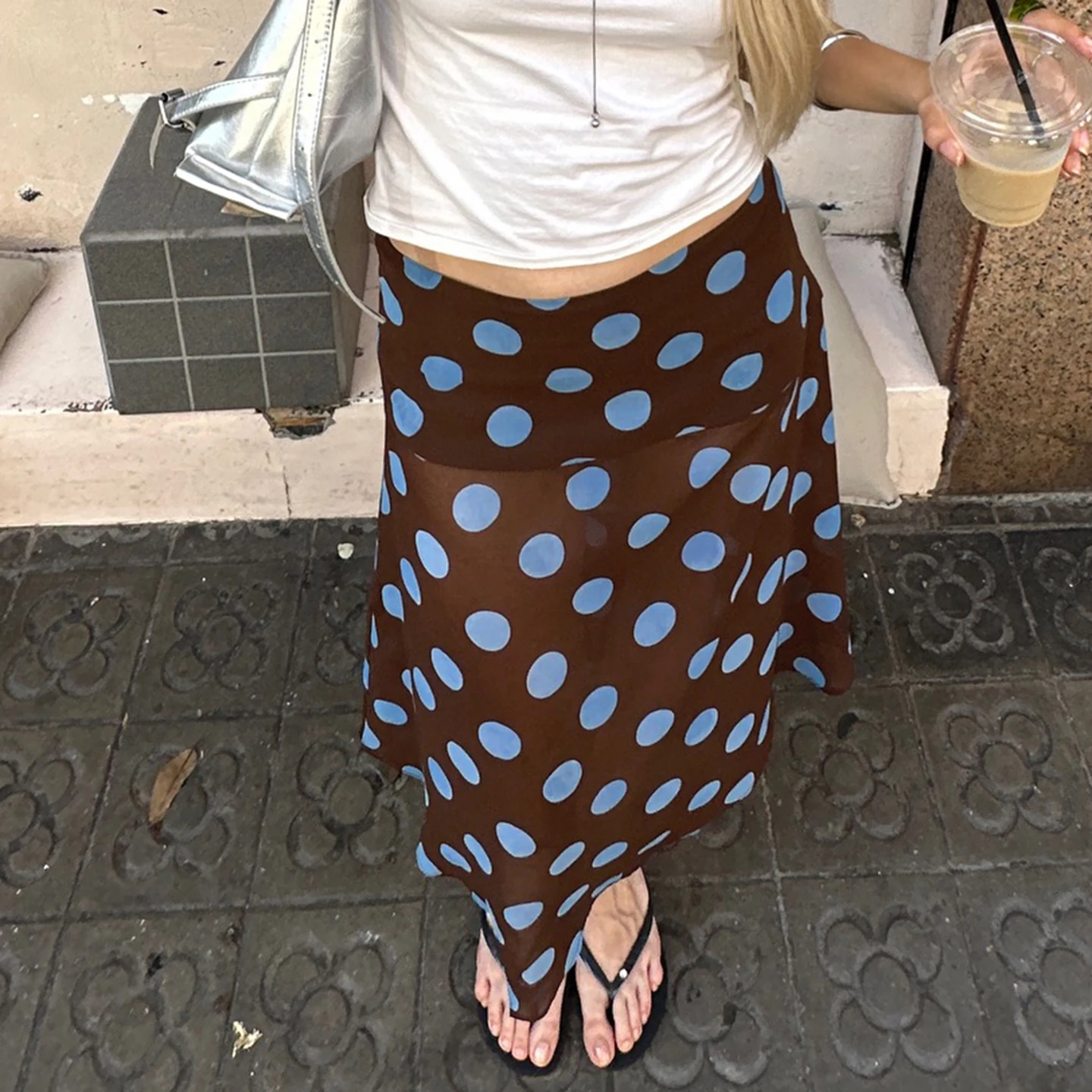 SUCHCUTE Elegant Polka Dot Print Asymmetrical Skirt Women's Low-Waisted Vacation Skirt Y2K Summer Beachwear Streetwear Casual