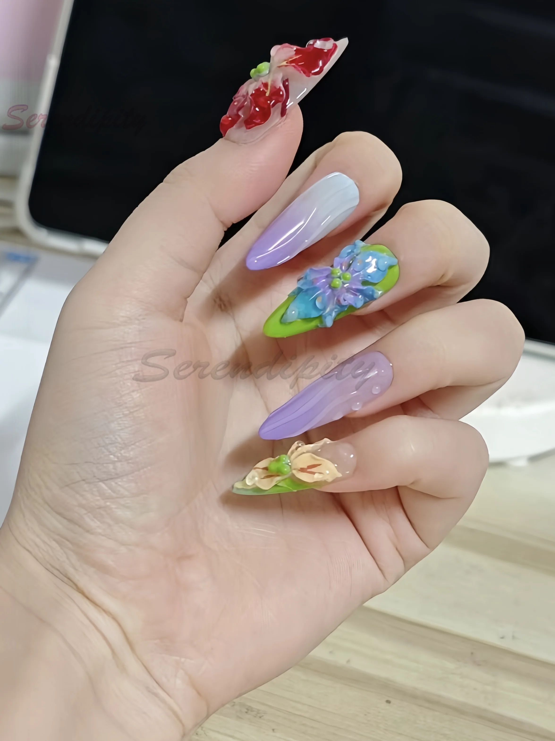 Handmade 3D Stick on Nails, Gel Blush, Bloody Plaid, Diamond Ball, Manicure Armor Press on Nails, Spring Summer 10Pcs Fake nails