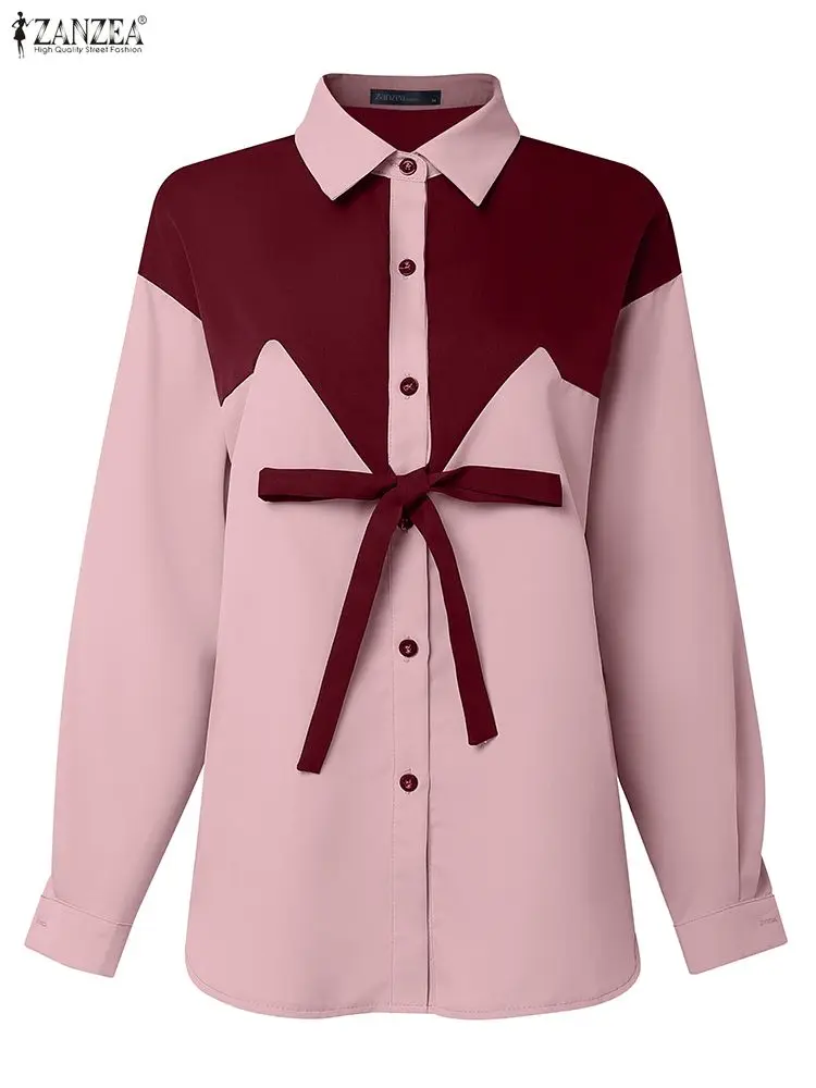 

Women Fashion Shirts ZANZEA Color Patchwork Casual Blouse 2025 Autumn Long Sleeve Bow Tops Elegant Office Lady Female Blusas
