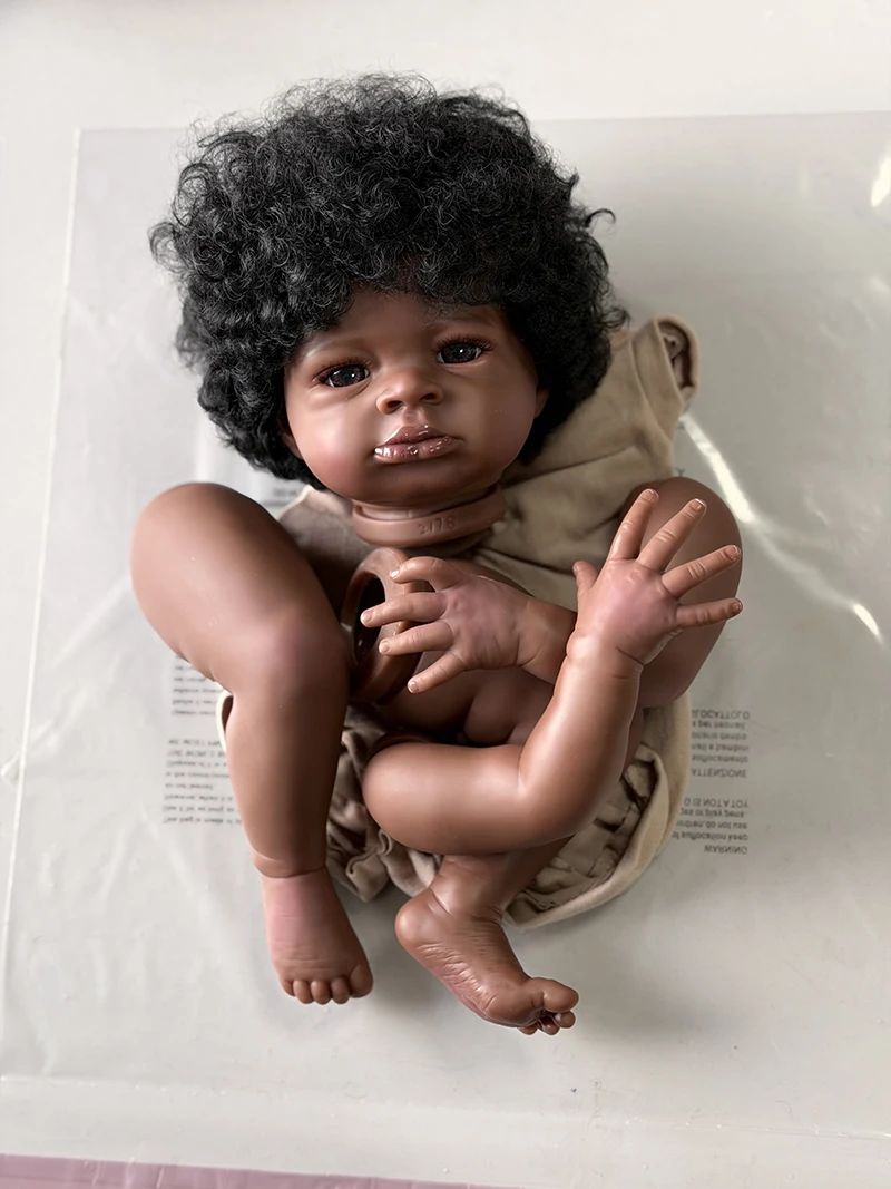 48CM Hand Painted Dark Skin Reborn Baby Lanny Unassembly Baby DIY Doll Kit with Implantation Curly Hair Newborn Doll Parts