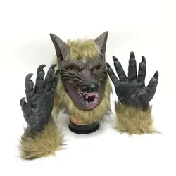 The Beast Werewolf Costume Party Mask Wolf Gloves Cosplay For Women Men Halloween Latex Rubber Wolf Head Hair Mask Party Scary