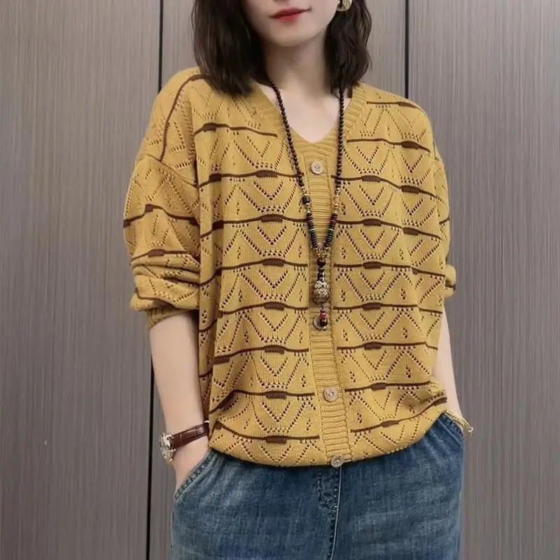 Female V-Neck Casual Striped Hollow Out Sweaters Spring Autumn Women\'s Clothing Fashionable Thin Button Loose Knitted Cardigan