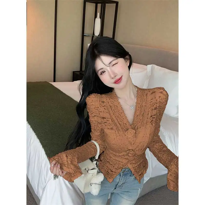 Women Clothes Spring Autumn Fashion Simplicity Office Lady Lace Solid Color V-neck Female Fashionable Appear Thin Long Sleeve To