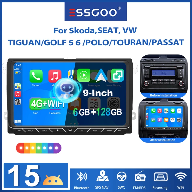 ESSGOO 9" Android15 6+128G 4G LTE für VW Golf 5 6 Passat Polo Touran Tiguan Jetta Vento DSP Autoradio kabelloses CarPlay Android Auto GPS RDS FM AM WLAN Bluetooth KI Stimme Mirror Link