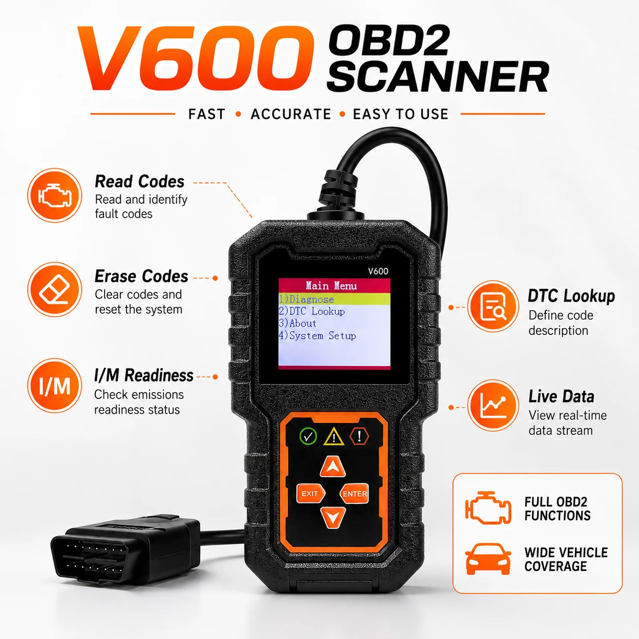 Escáner OBD2 Profesional, una herramienta de diagnóstico para lectura de códigos de avería de automóviles que admite protocolos OBD II desde 1996, soporta la lectura y eliminación de códigos de avería, prueba de batería, no requiere alimentación por bater