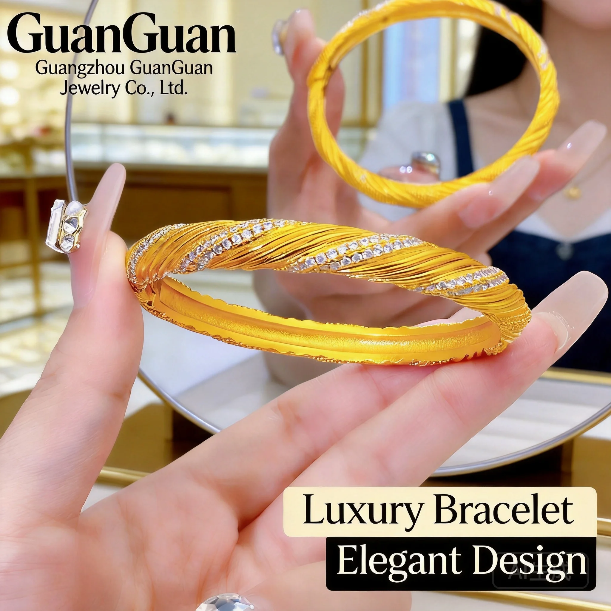 8Mm Gold Plated Twisted Bangle For Women Daily Wear Party Gift Rhinestone Inlaid Solid Braided Chinese Style Buckle Closure Fash