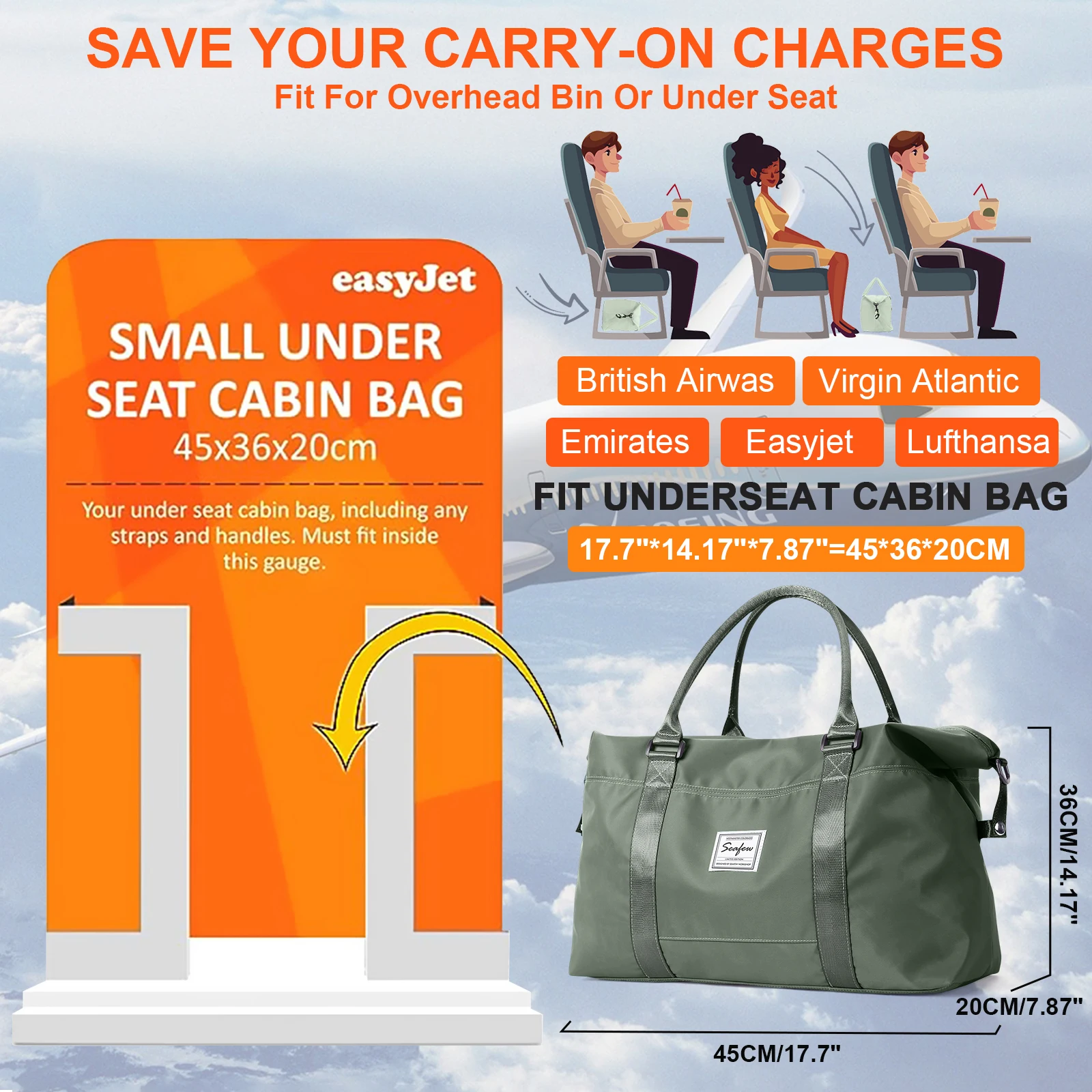 Easyjet المقصورة حقيبة 45x36x20 حقيبة سفر الرجال النساء ذات سعة كبيرة حقائب اليد لمسافات قصيرة السفر عطلة نهاية الأسبوع بين عشية وضحاها حقيبة القماش الخشن