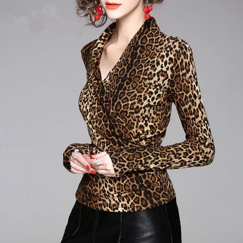 

Elegant V-Neck Long Sleeve Printed Leopard Blouse Women's Clothing 2024 Autumn New Casual Pullovers All-match Office Shirt Z466
