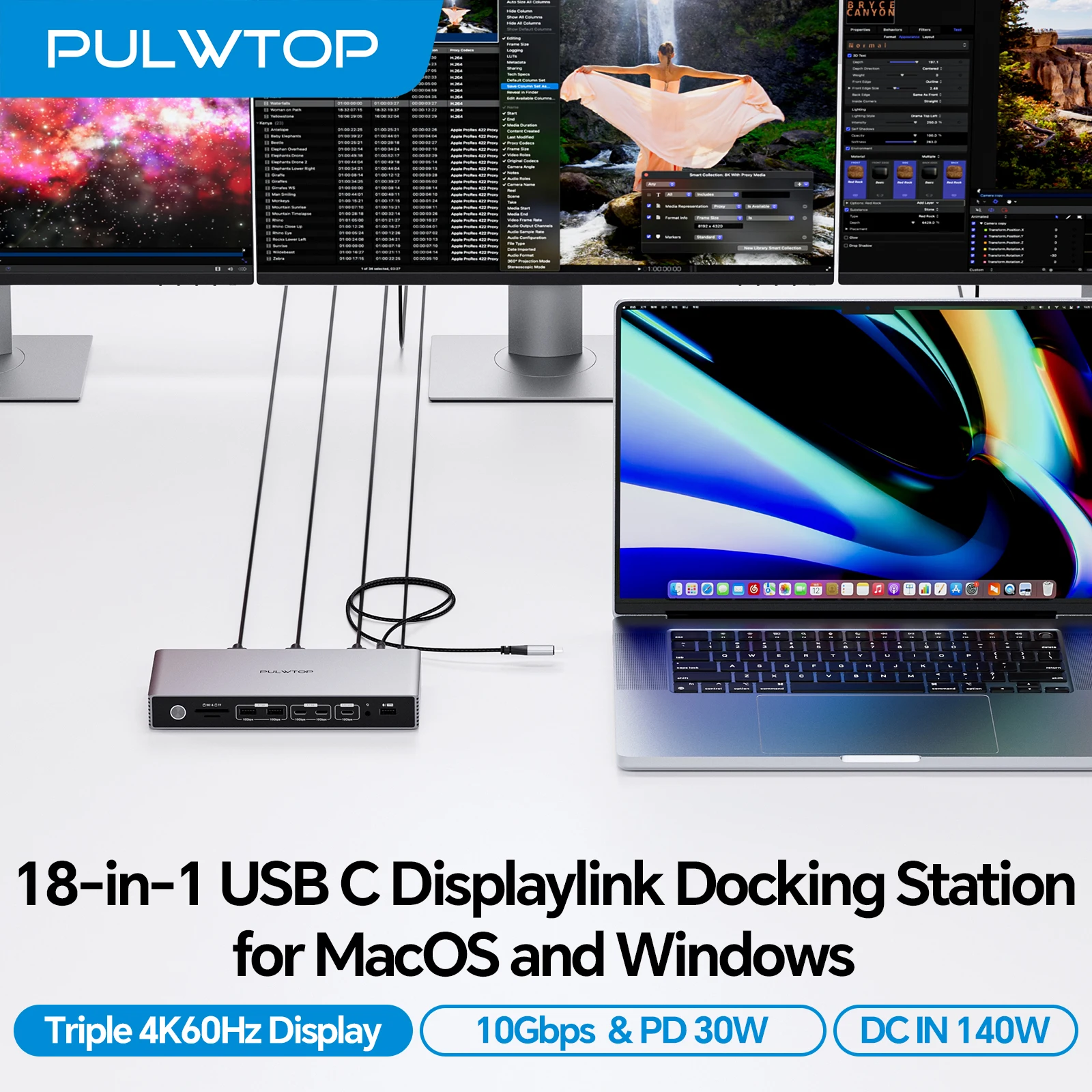 PULWTOP DisplayLink Triple Monitor Dock for MacBook M1-M5 & Windows, USB-C, 3HDMI, 3DP, 8K/4K@60Hz, PD30W, 10G USB-A/C, LAN