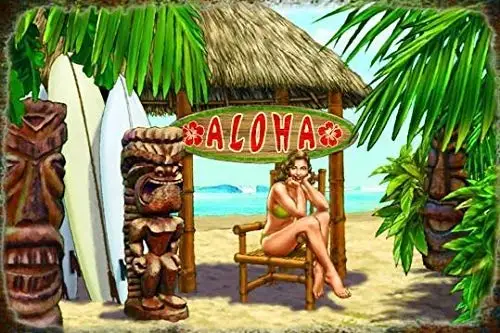 Vintage Metal Tin Sign Pin Up Girl Aloha Island Tiki Beach Surf for Home Bar Pub Kitchen Garage Restaurant Wall Deocr Plaque Sig
