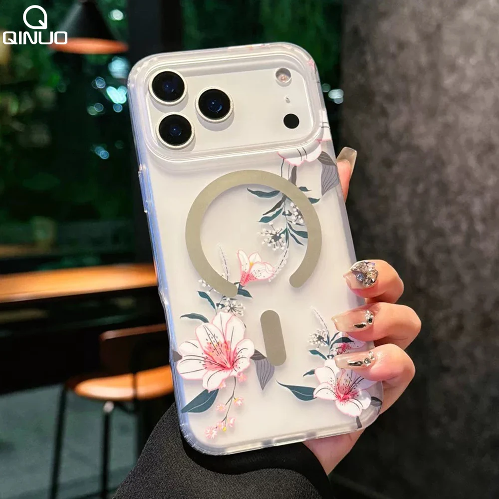 

Роскошный магнитный чехол с цветочным узором для Magsafe для iPhone 17Air 16, 15, 14, 13, 12, 17 Pro Max Plus 11, матовый чехол с цветочным рисунком