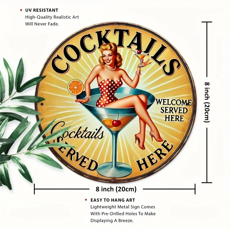 2D Flat, Vintage Cocktails Served Here Metal Tin Sign - 20.32x20.32 cm Round Aluminum Wall Art, Retro Champagne & Fruit Design,