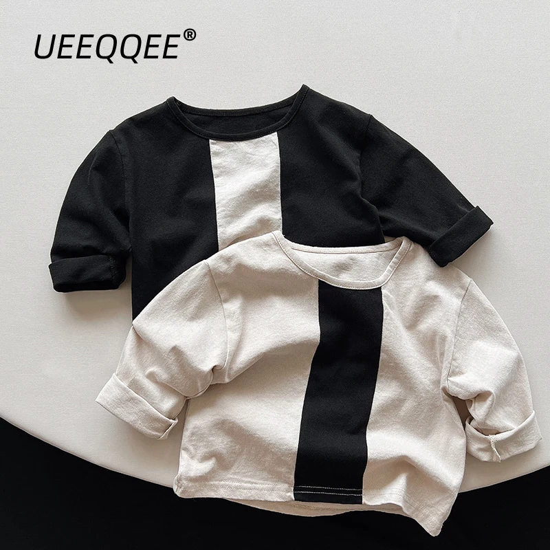 Spring Autumn Children T-Shirts 1-8Y Boys Cotton Linen Patchwork Long Sleeve T Shirts Toddler Wear Tops Tees Kids Clothing New