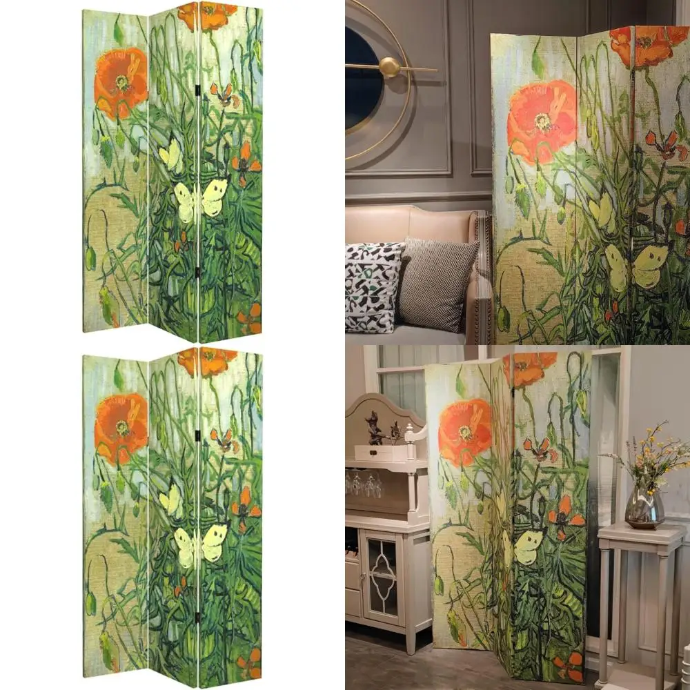

Van Gogh Inspired 3-Panel Folding Wood Privacy Screen with Butterflies and Poppies Canvas