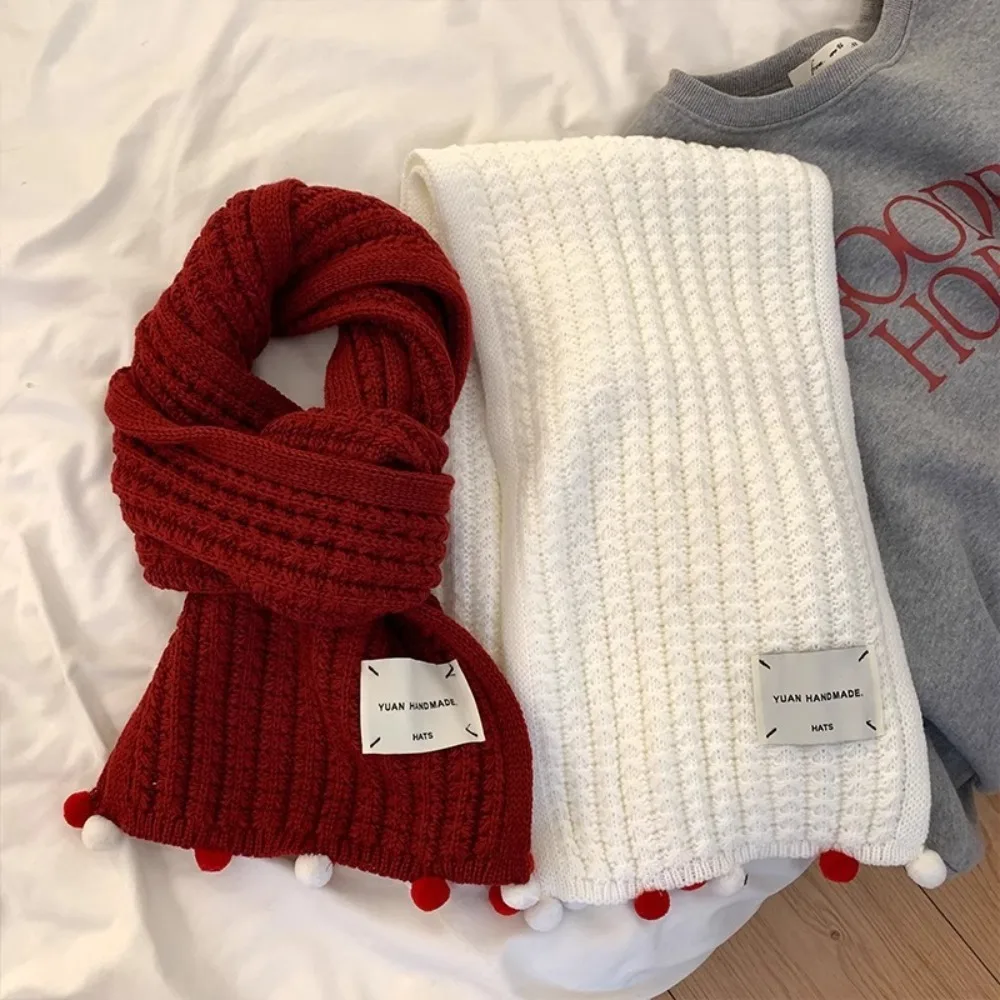 Fashion Keep Warm Knitted Wool Scarf New Year's Small Ball Couple Scarf Red Thicken Winter Scarf