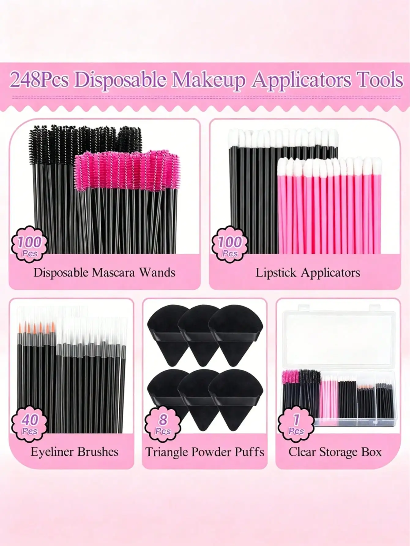 248Pcs Disposable Makeup Tool Set With Storage Box, Triangle Makeup Sponges, Eyelash Brushes, Lip Brushes, Eyeliner Brushes