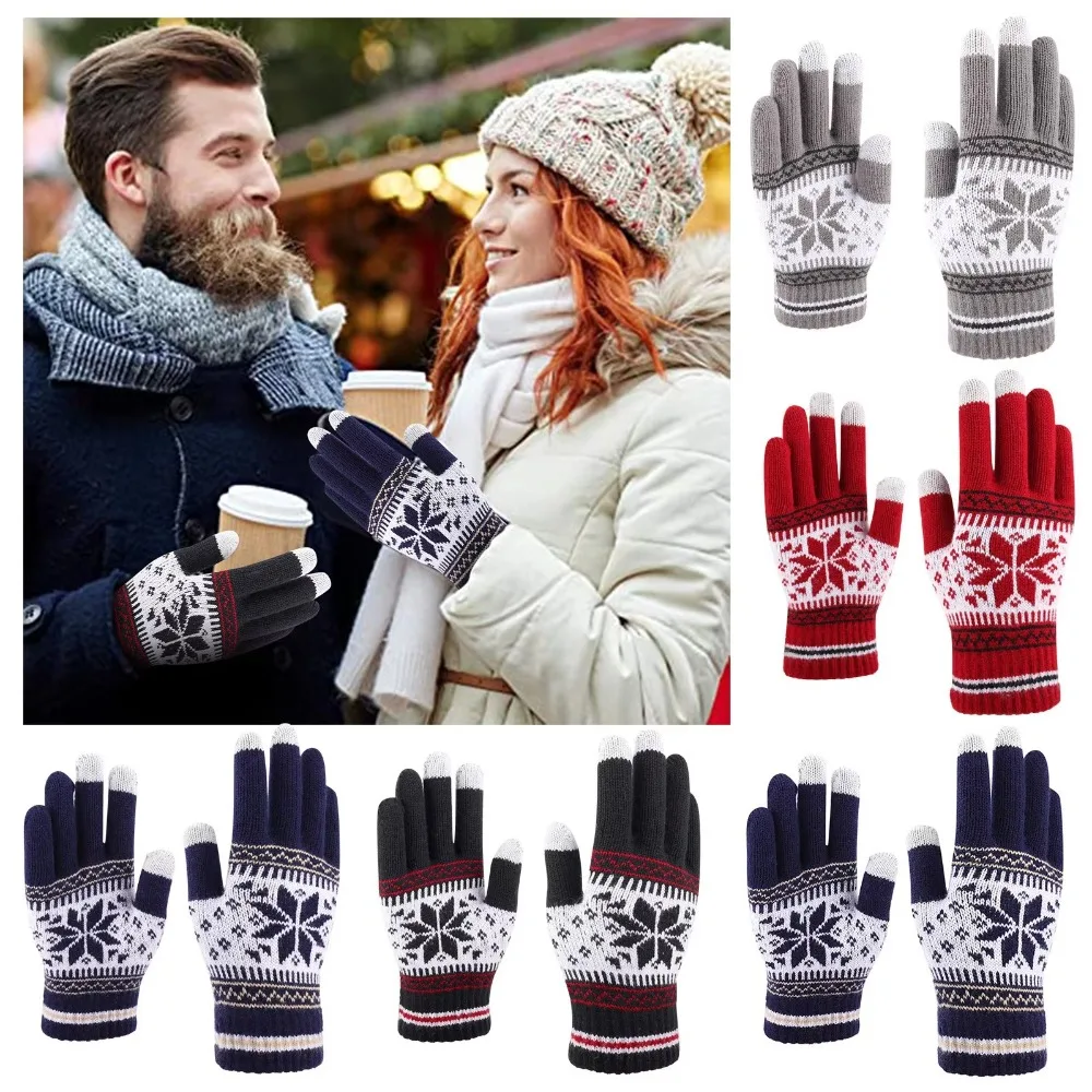 High Quality Knitted Snowflake Winter Knitted Gloves Touch Screen Thickened Full Finger Mittens Skiing Gloves Winter
