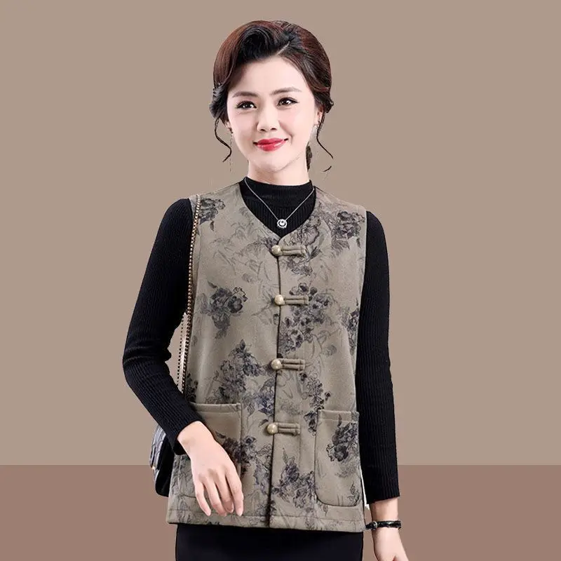 

Chinese New High-end Vest Jacket Chinese Style Button Spring and Autumn Women's Loose Craned Shoulder Top