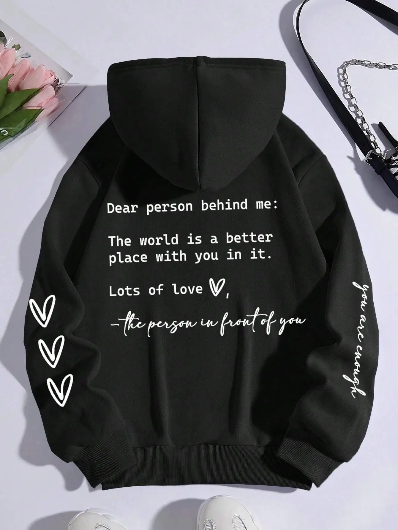 Dear Person Behind Me Letter Graphic Print Hoody Women's Fashion Soft Sweatshirt Autumn Warm Fleece Hooded Casual Loose Tops