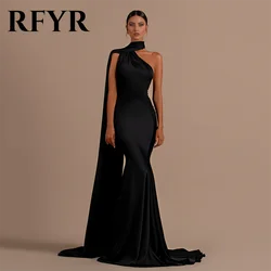 Rfyr vestido de baile preto, sexy, costas nuas, halter, sereia, vestidos de noite, sem mangas, cetim, vestido de festa, slim fit, até o chão