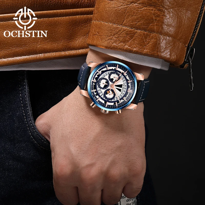 OCHSTIN Mens Soft Leather Strap Aviator Wristwatch Multifunction Quartz Movement Daily Waterproof Business Sport Wristwatch