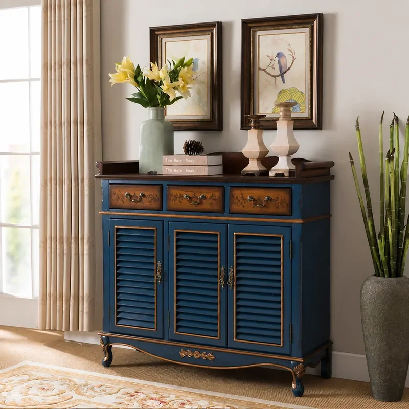 Retro Blue Shutter Shoe Cabinet Large Capacity Breathable Storage Locker American Style Home Entryway Organizer Wholesale