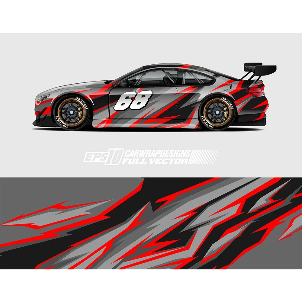 Abstract Red Grey Stripes Full Body Racing RV Graphic Decals Vinyl Wrap Custom Size Color Changing DIY Car Full Wrap 400*100cm