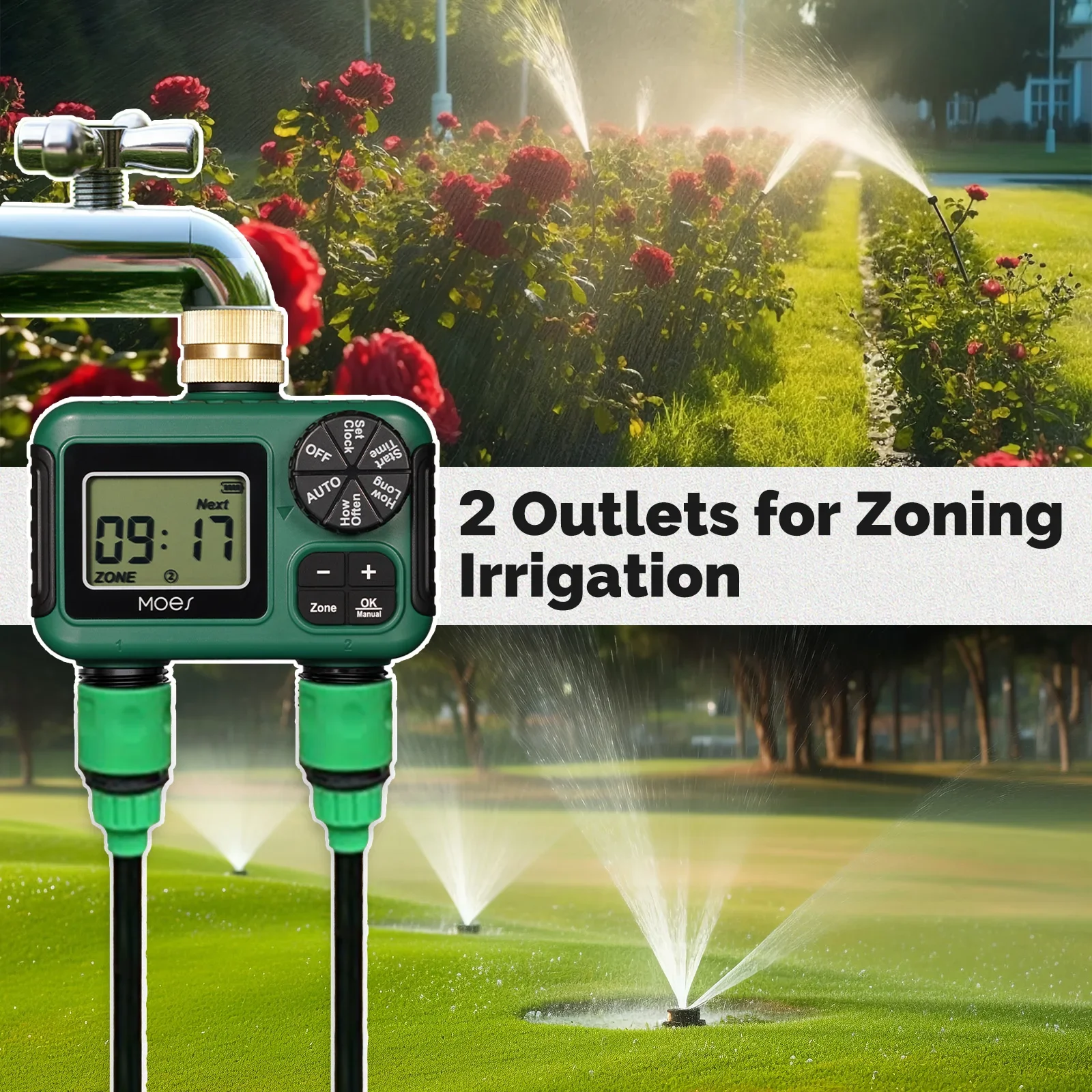 MOES 2-Outlet Water Timer Brass Inlet IPX5 Waterproof Rotary Knob LCD Display Rain Delay Child Lock Garden Irrigation