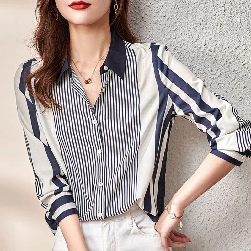 Fashion All-match Striped Shirts Women\'s Clothing 2023 Spring New Office Lady Commuter Casual Lapel Long Sleeve Button Blouse