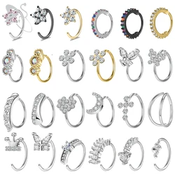 ZS 1PC 20G C Shape Stainless Steel Nose Ring Flower Butterfly Spike Lip Rings Silver Color Ear Tragus Helix Cartilage Piercings