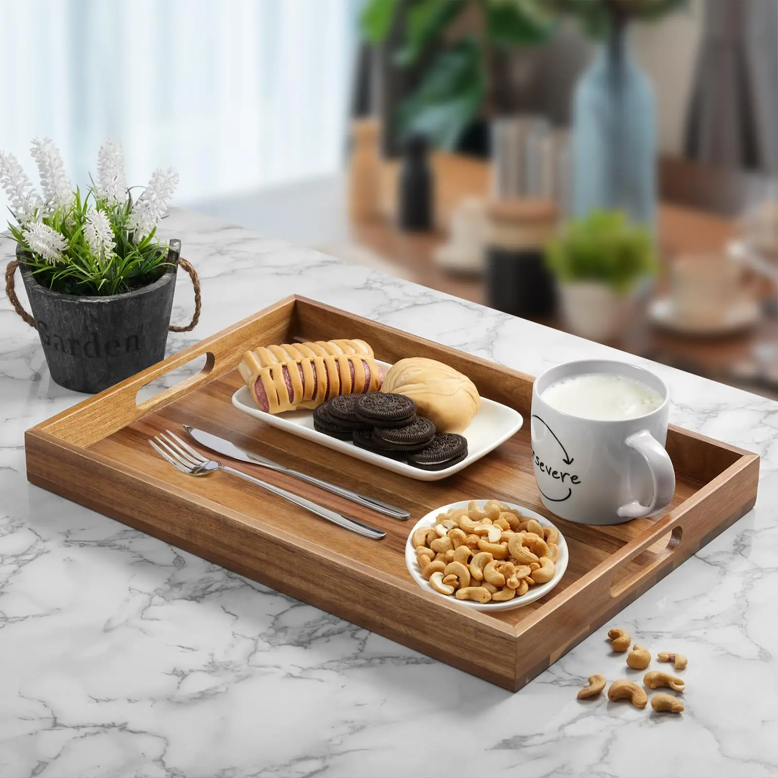 Serving Platter Set of 2 Acacia Wood Trays with Cutout Handles 17 Inch Rectangular Charcuterie Boards for Appetizers Cheese