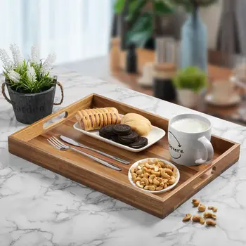 Set of 2 Acacia Wood Serving Platters with Cutout Handles, 17-Inch Rectangular Charcuterie Boards 2