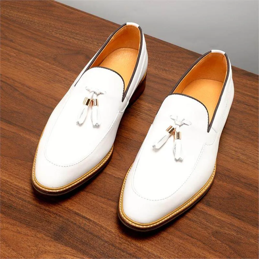 Men's Summer Breathable Genuine Leather Loafers White Slip on Lazy Shoes British Tassel Soft Sole Casual Leather Shoes