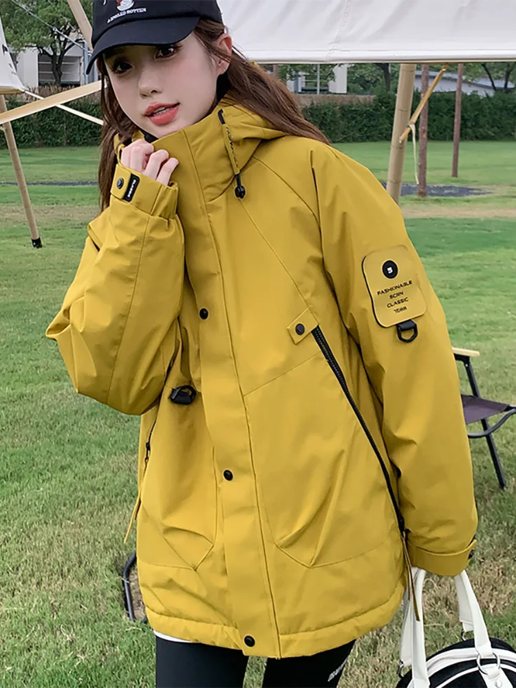 

Winter Thiened Women's down Cotton Jaet Loose Workwear Coat with Hood Korean Sle Commute Long Sve Zipper Pure Color