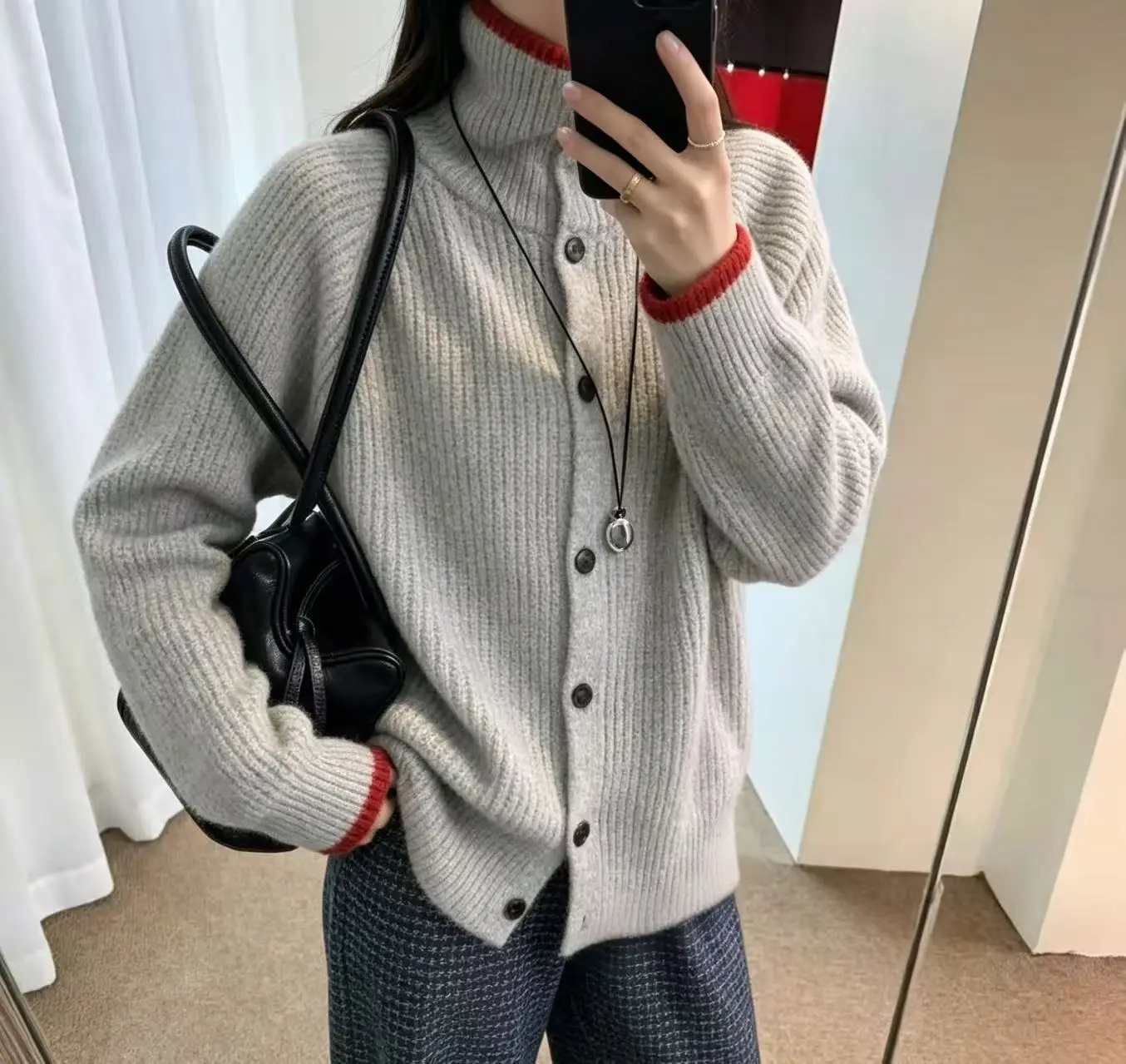 2026 Women Turtleneck Button Knit Cardigan Contrast Blue Trim Ribbed Long Sleeve Loose Warm Knitted Jacket For Casual Daily Wear