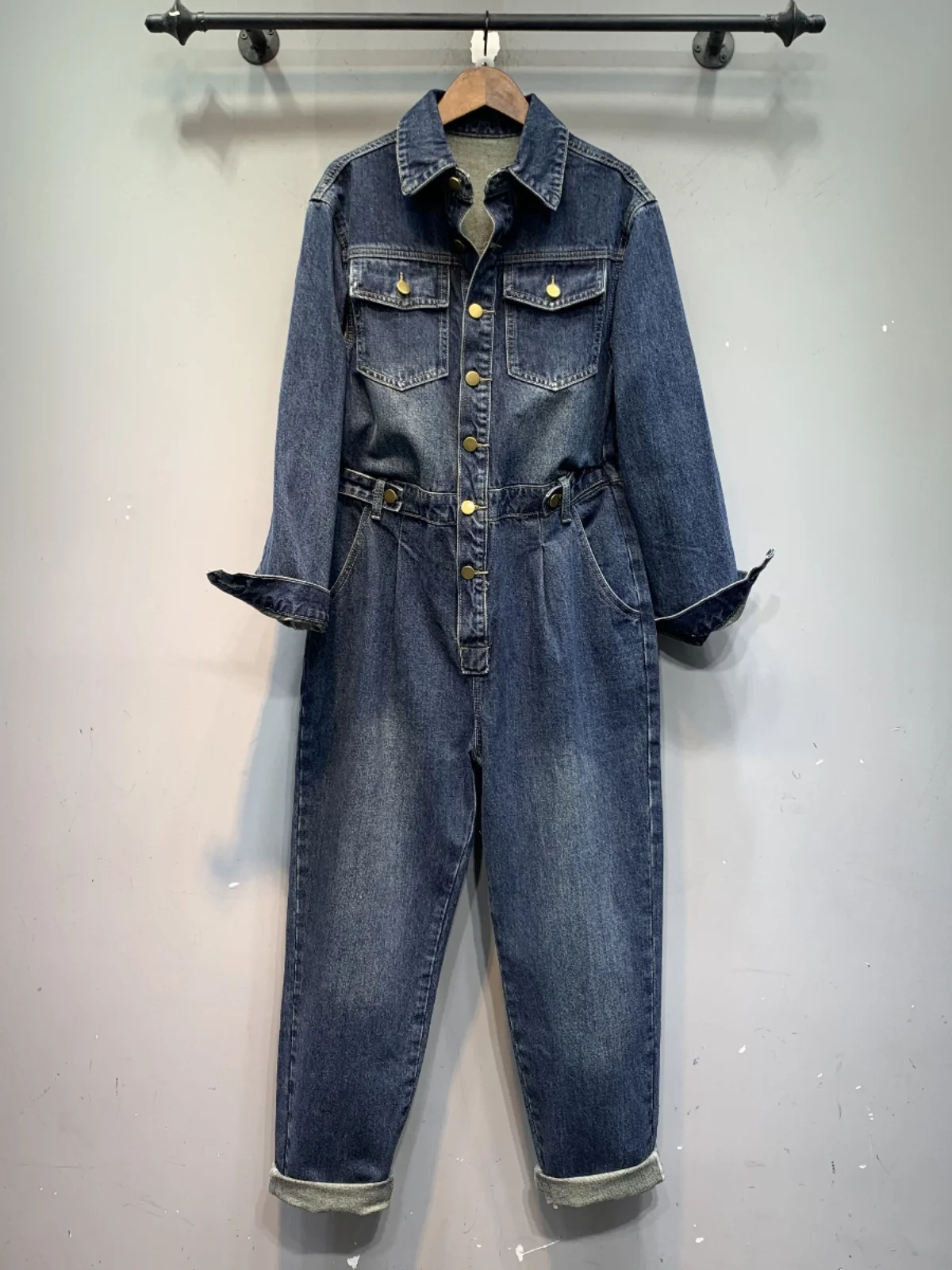 

Faionable Casual Denim Overalls Women's New Sle Long Sve Slim Straight Leg Pants High Waist Trousers Spring 2024