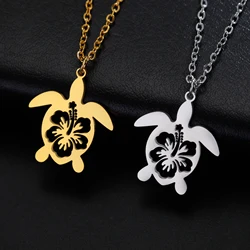 Hollow Hibiscus Flowers Pattern Sea Turtle Pendant Necklace Stainless Steel Tortoise Animals Choker Necklace For Women