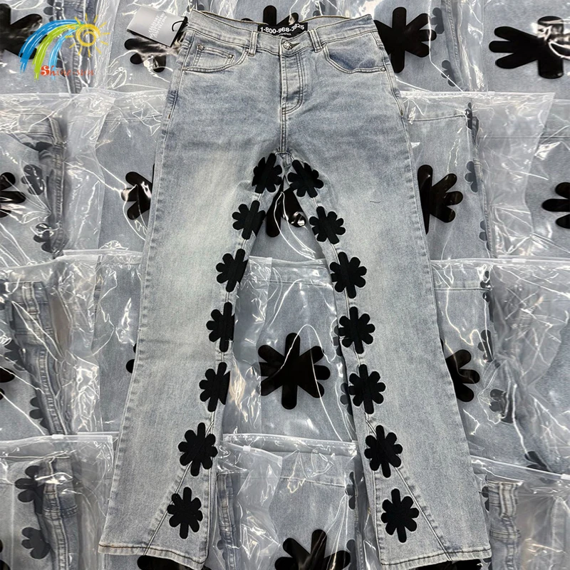

Hip Hop Splicing Patchwork Black Sunflower Embroidery LOSTSHDWS Denim Pants Men Women Light Blue Jeans Trousers With Tag