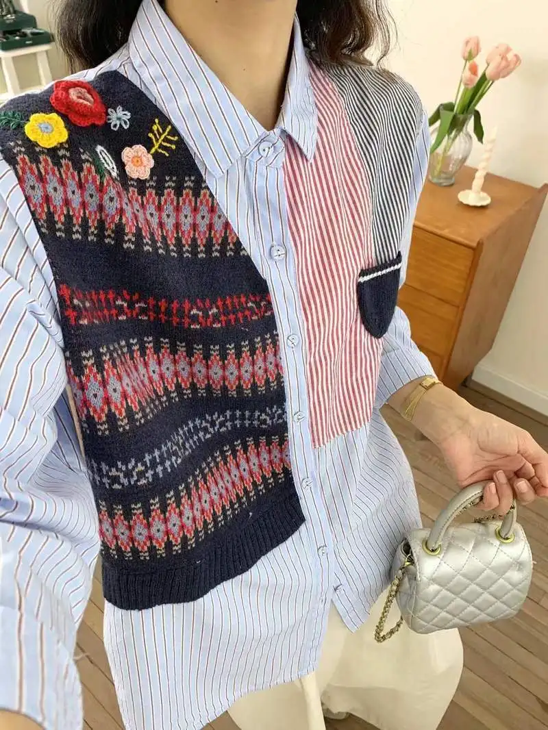 Neues 2026 Frühlings-Baumwoll-Langarmshirt, Damen-Revers-Strickwolle-Patchwork, Mori Girl Perppy Style INS Lose Bluse T5D618CC