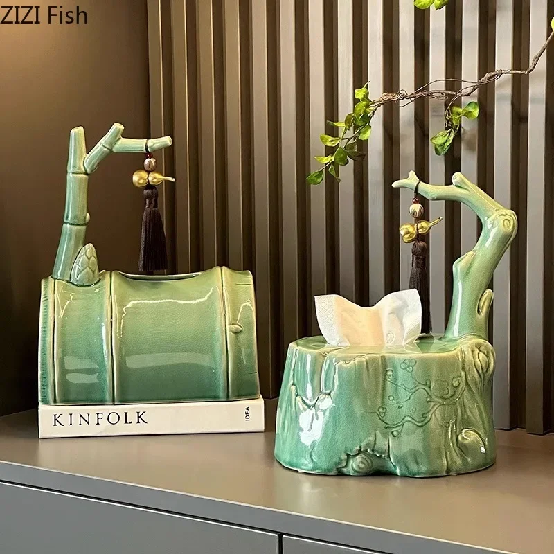 กล่องทิชชู่รูปไม้ไผ่สีเขียวสุดสร้างสรรค์ผ้าขนหนูกระดาษโต๊ะกาแฟตกแต่งโต๊ะกล่องกระดาษทิชชูเซรามิกโต๊ะข้างเตียง