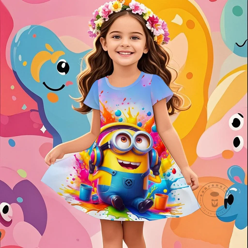 Hot Koop Kids Meisje Grappige Minions Top 3D Prinses Jurk Voor 2-14 Jaar Meisjes Verjaardagsfeestje Jurken comfortabele Korte Mouwen