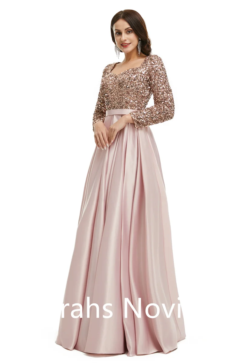 Pink Sequins Long Modest Mother Of Bride Dresses With Long Sleeves  Sweetheart A-line Floor Length Satin Women Evening Party