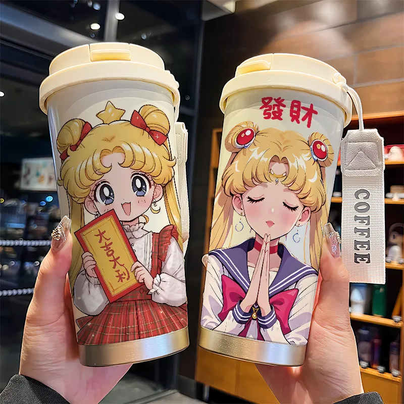 Anime Sailor Cup Cute Tsukino Usagi Stainless Steel Portable Coffee Cup Outdoor Sport Leak Proof Water BottleCospaly Girls 530ML
