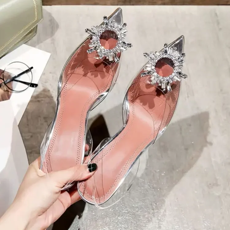 transparent crystal sunflower drill buckle pointed super high heels wine glass wedding shoes large sandals for women