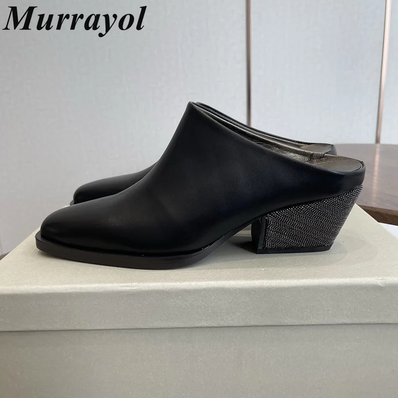 Chunky High Heels Half Slippers Women Real Leather Closed Toe Lazy Mules Ladies Spring Autumn Vacation Shoes Zapatos De Mujer