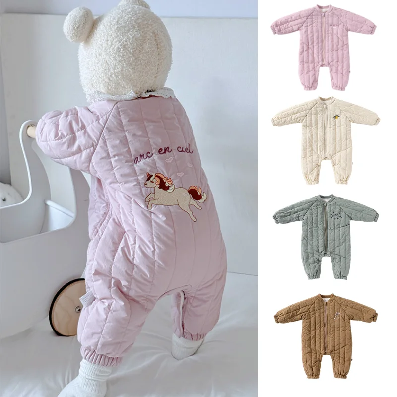 Baby Crawler Clothing 2025 Winter New Pink Cartoon Cute Thick Warm Children's jumpsuit Cotton Embroidery Windproof Baby Coat