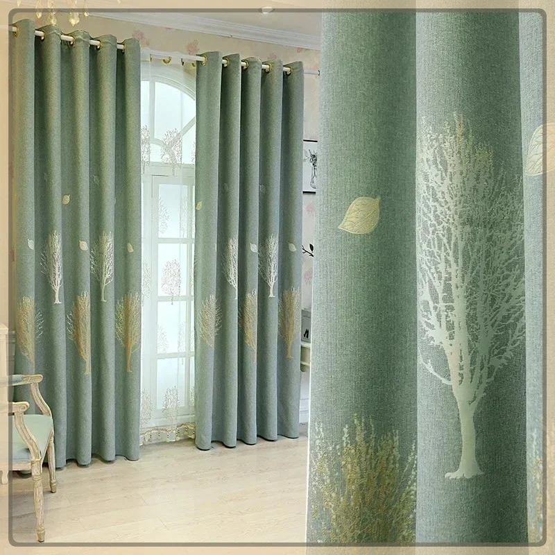 Custom size European Blackout Curtain for Living Room Tulle Bedroom Cotton Linen Jacquard Sheer Simple Fresh Fortune Tree Print