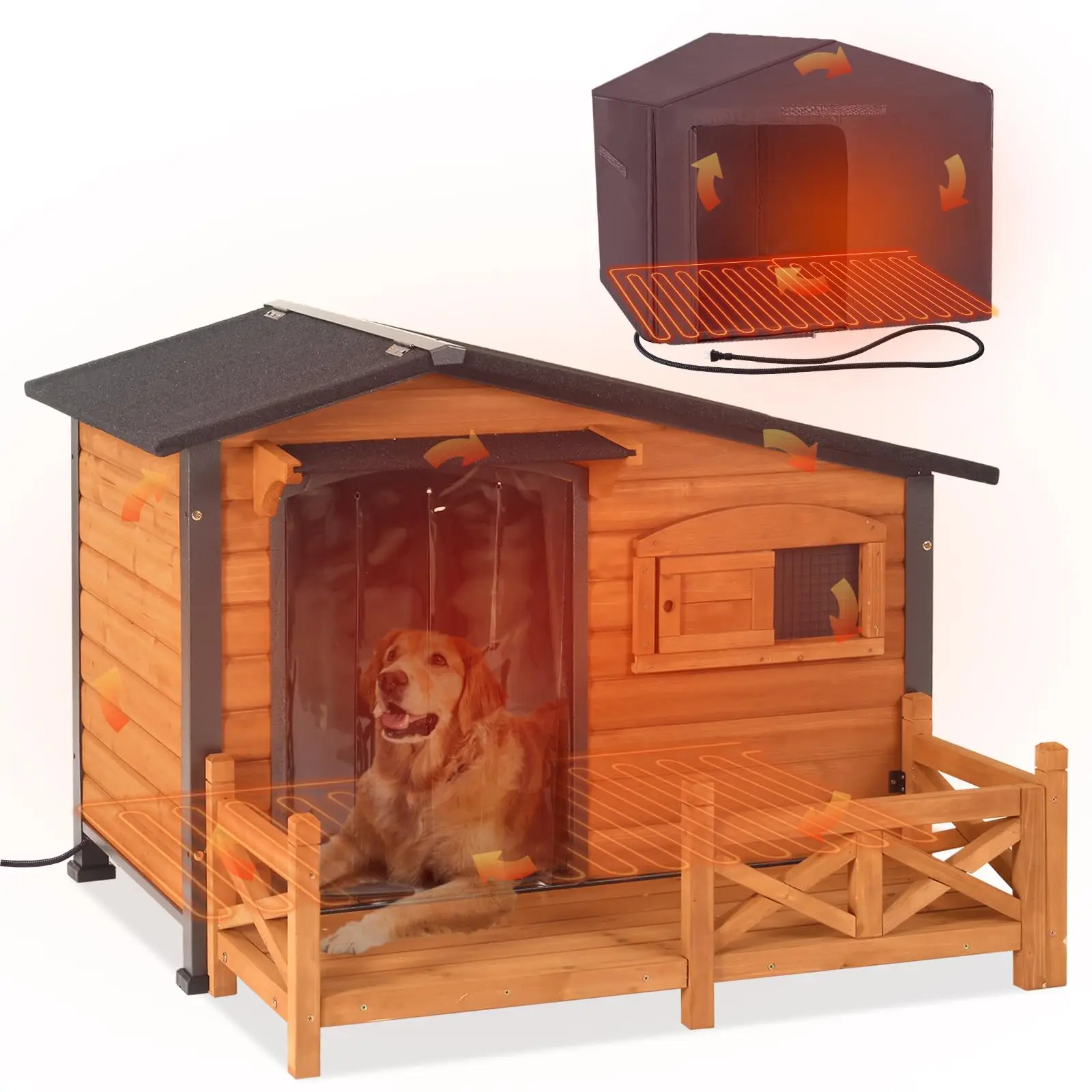 Extra Large Outdoor Heated Dog House XL Insulated Dog Kennel with Safe Heating Pad, Chew-Proof Metal Frame, 6-Sided